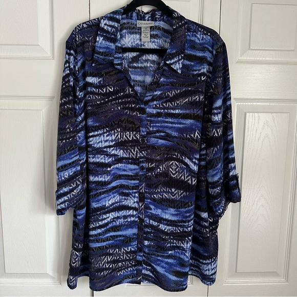 Catherines Shirt Womens 2X 22/24W Blue Black Abstract Button Up Top Boho Office - Picture 1 of 10
